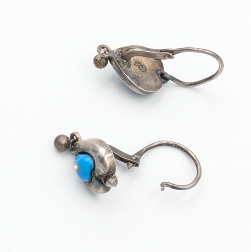 Antique 1815-1848 Biedermeier 800 silver blue heart drop earrings - Picture 5 of 7